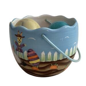 Vtg Small Galerie Ceramic Easter Basket w 4 Marbled Alabaster Multicolored Eggs